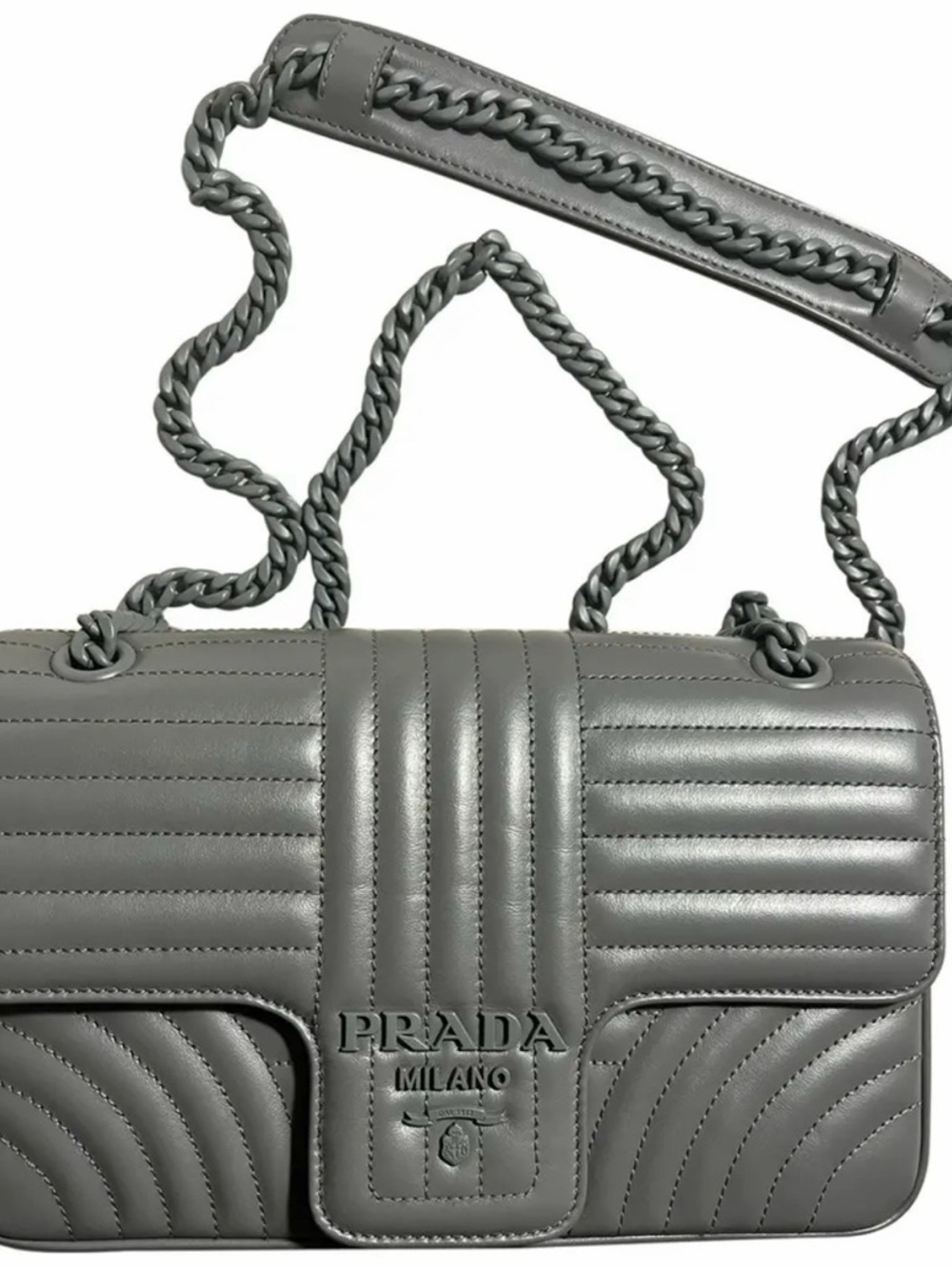 Prada Diagramme Grey Leather Bag w/ Chain Strap